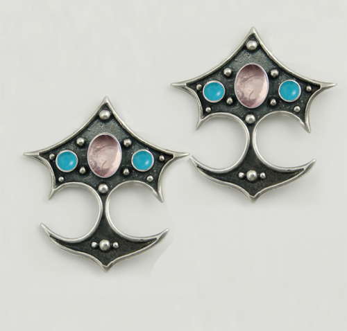 Sterling Silver Gothic Drop Dangle Earrings With Rose Quartz And Turquoise